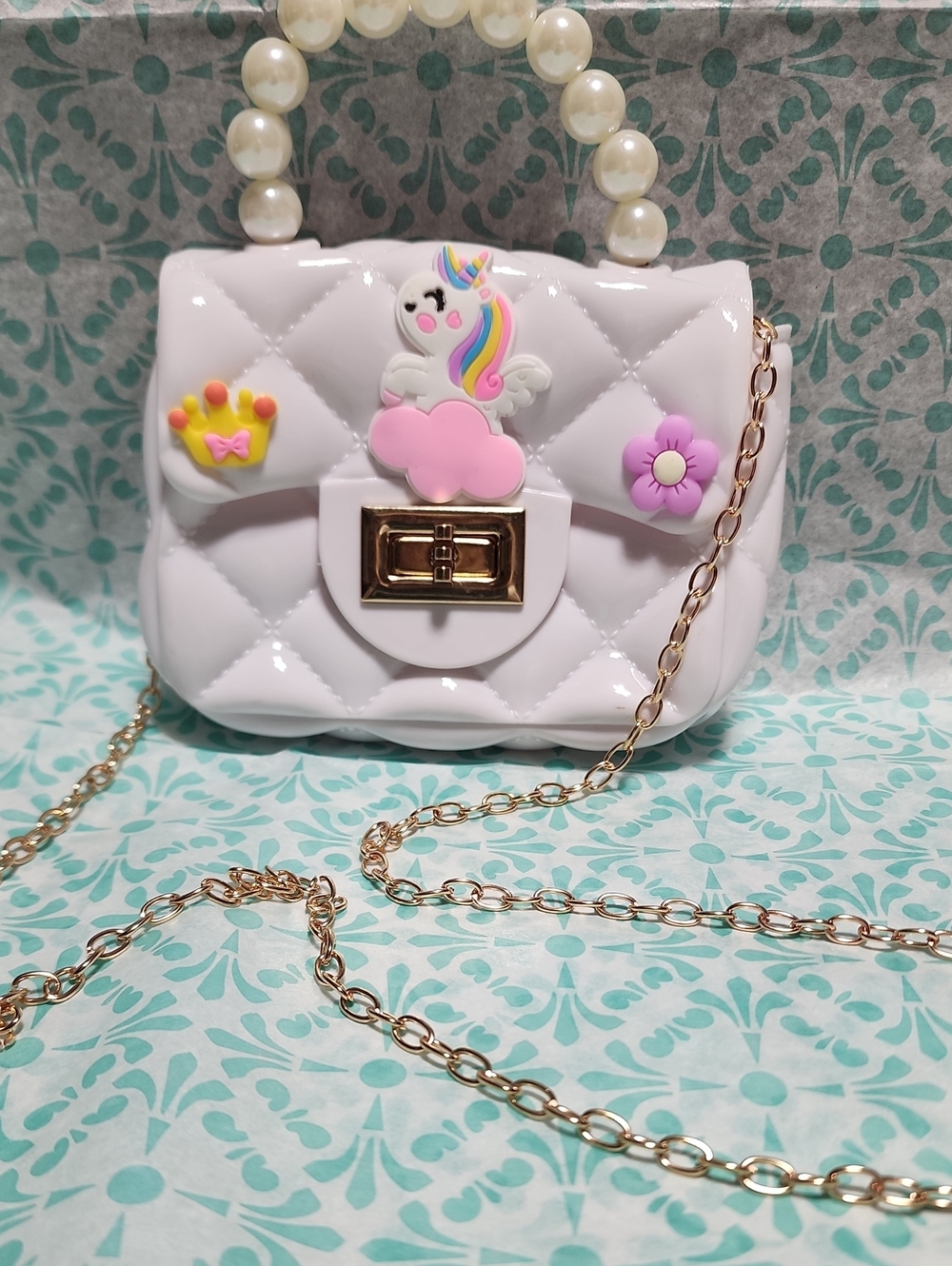 Kids White Unicorn Crossbody Bag with Pearl Handle